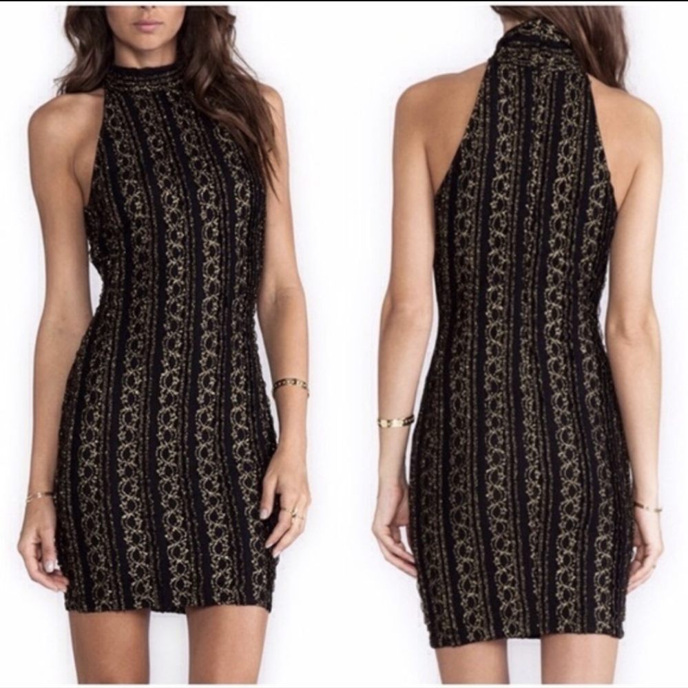 Ronny Kobo black and gold high neck stretch lace bodycon dress